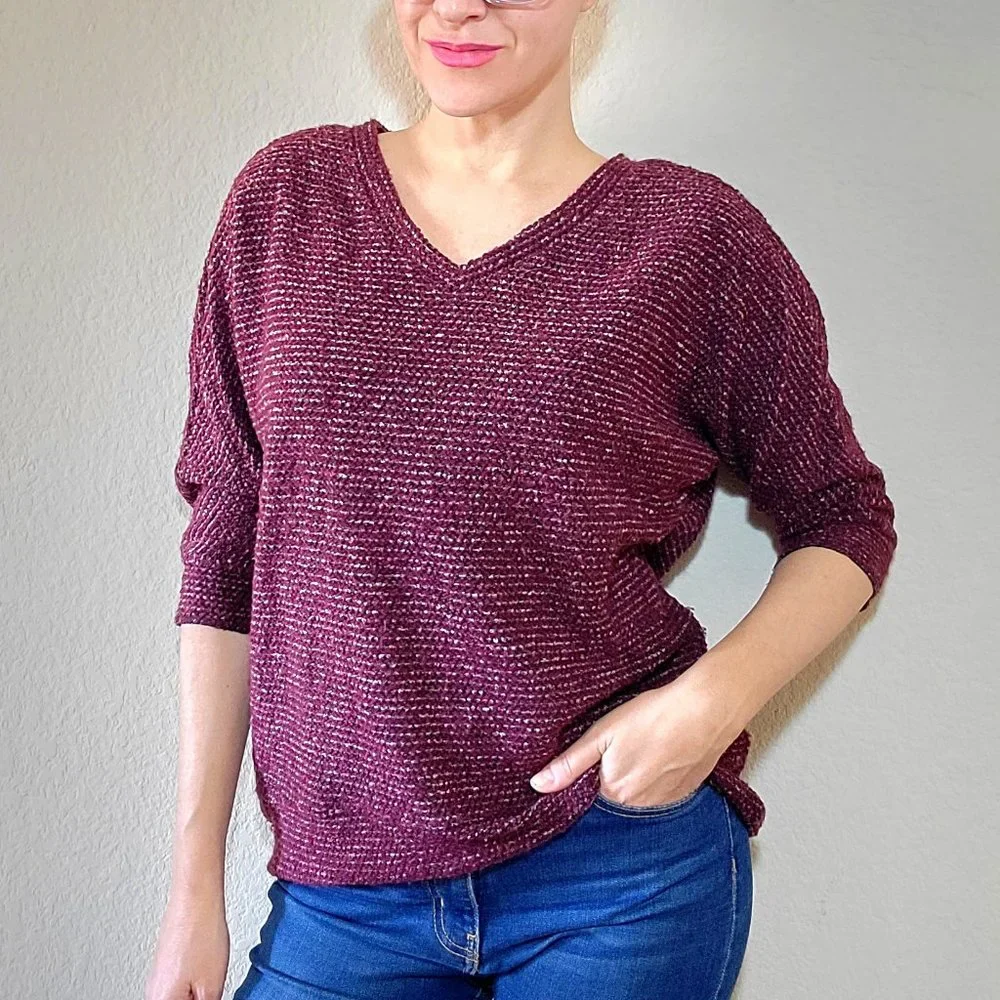Kut From The Kloth Tops Medium Sweater Purple Pink 3/4 Sleeve V-Neck Chunky Knit - Picture 1 of 8